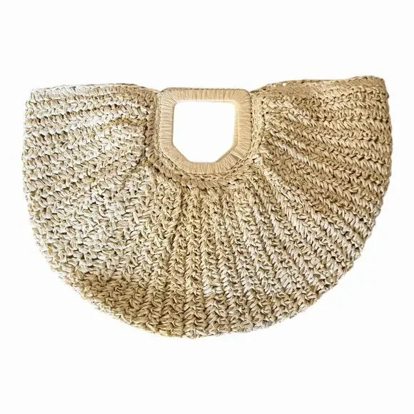 Ramla Bohemian Tan Woven Straw Half Moon Hobo Bag New Handmade Zip Closure - Picture 8 of 16